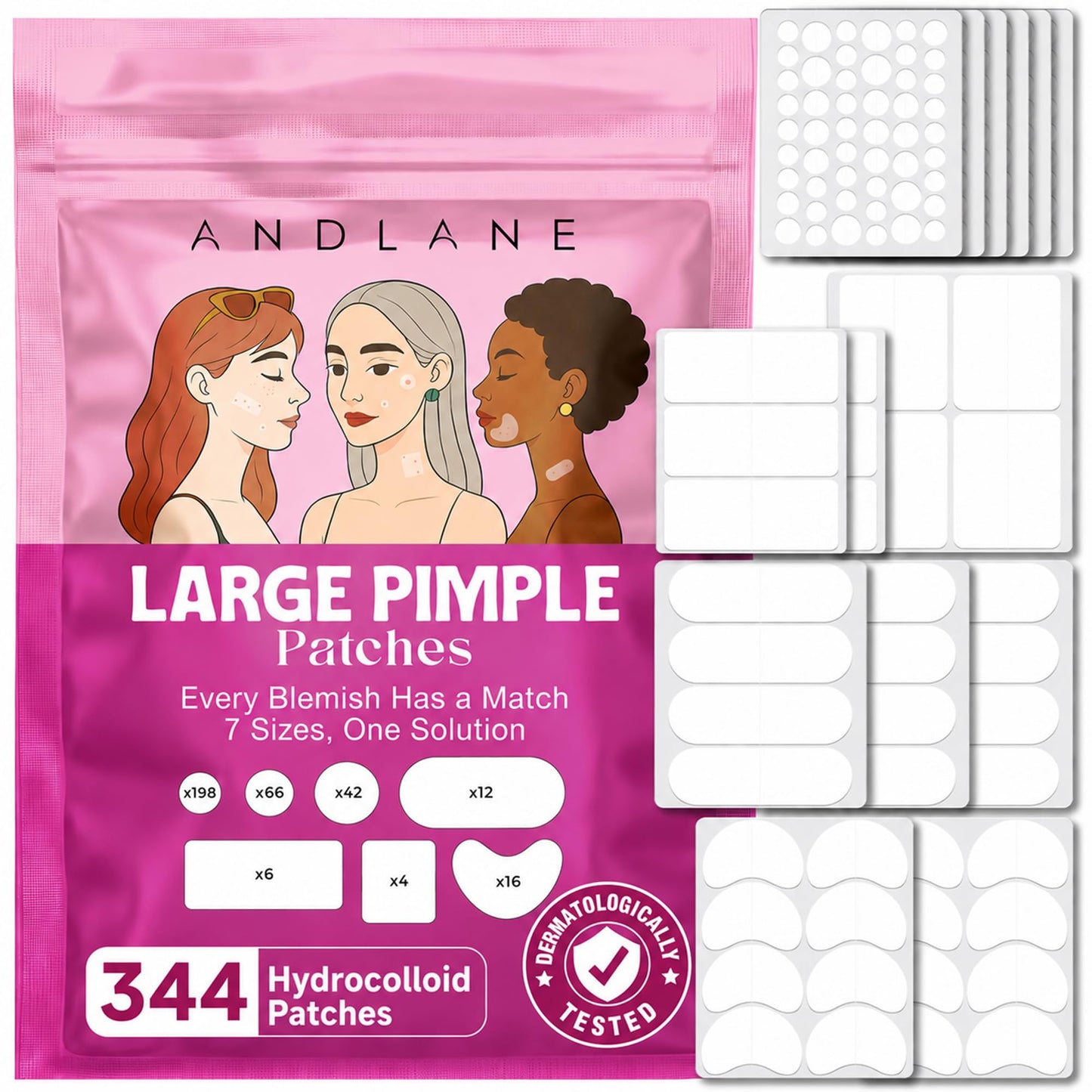 344 Pcs Large Pimple Patches for Face - 7 Sizes XL Acne Patches for Full Face, Big Hydrocolloid Bandages for Body, Chin, Forehead, Chest & Back Beauty and Personal Care Andlane Default Title