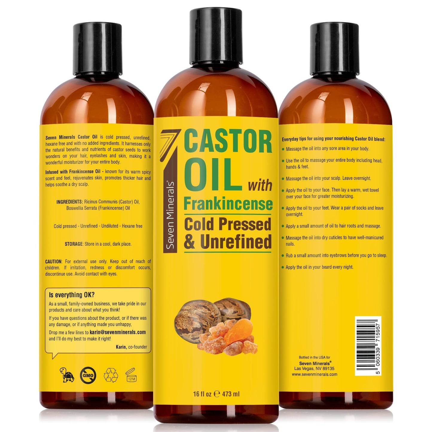 Seven Minerals Cold Pressed Castor Oil with Frankincense - 16 fl oz Bottle - Unrefined & Hexane Free - Hair Growth, Thicker Eyelashes & Eyebrows, Dry Beauty and Personal Care Seven Minerals