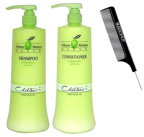 Chihtsai OLIVE Volume Moisture Shampoo & Conditioner DUO SET, D-Panthenol, Olive Oil (with Sleek Comb) (34 oz / 1000 ml - LARGE LITER DUO KIT w/PUMPS)