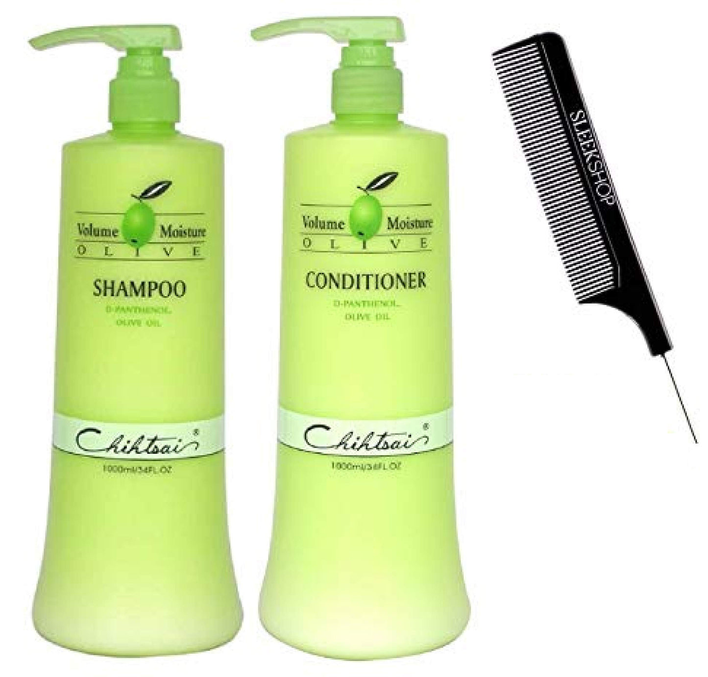 Chihtsai OLIVE Volume Moisture Shampoo & Conditioner DUO SET, D-Panthenol, Olive Oil (with Sleek Comb) (34 oz / 1000 ml - LARGE LITER DUO KIT w/PUMPS)