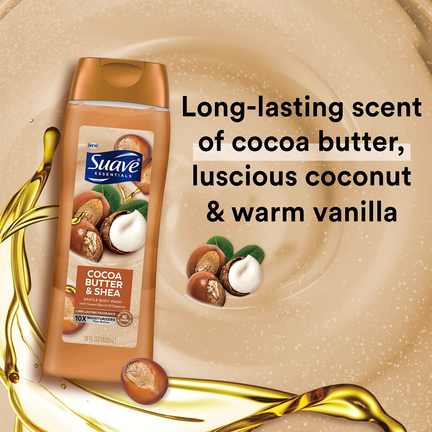 Suave Essentials Gentle Body Wash, Cocoa Butter & Shea With a Sweet Oil Blend Essence, Infused with Vitamin E & Honey Extract 18 oz
