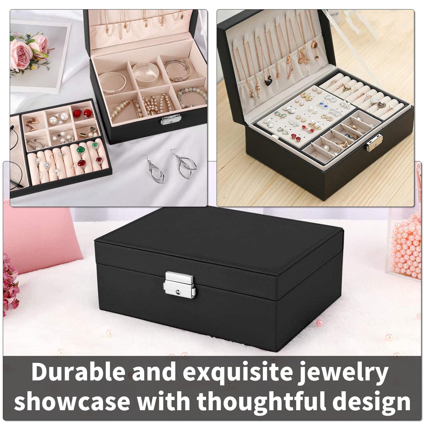 Rovepic 2 Layers Jewelry Box Organizer Valentines Day Gift Container Removable with Lock Necklace Holders Display Tray Storage Case Earring Rings…