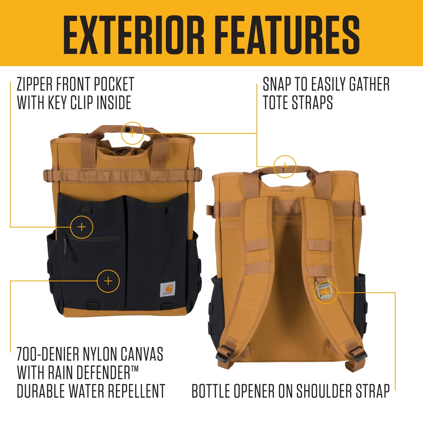 Carhartt 28L Nylon Cinch-Top Convertible Tote Backpack, Durable Pack with Laptop Sleeve, Carhartt Brown