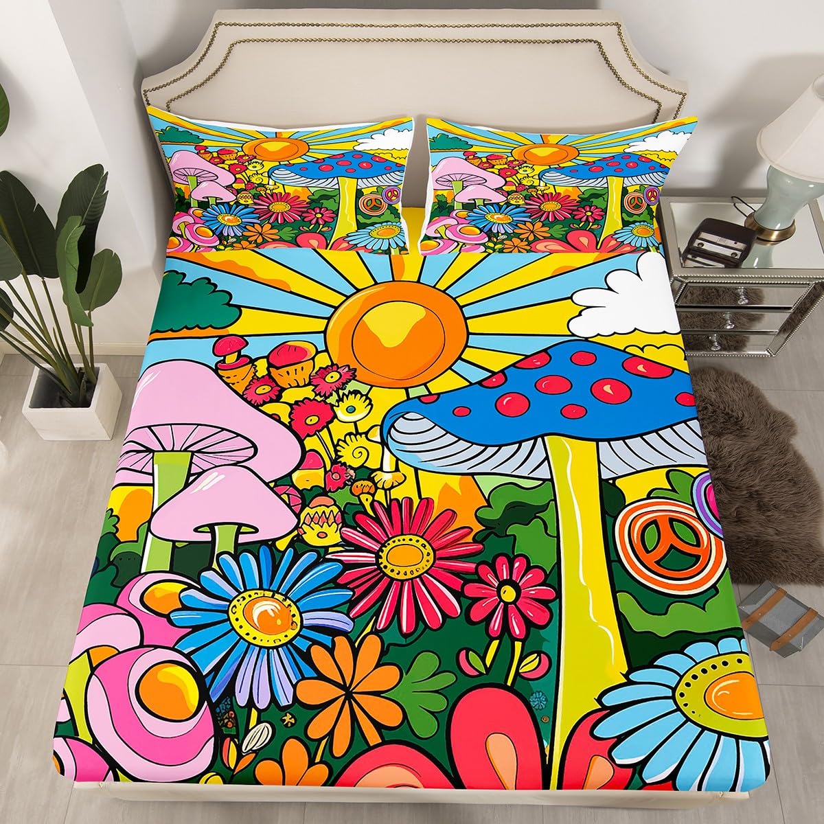 Erosebridal Kawaii Mushroom Full Sheet Set Boho Sun Sheets Hippie Groovy Floral Sheet & Pillowcase Sets 60s 70s Retro Vintage Theme Bed Sheets Chic