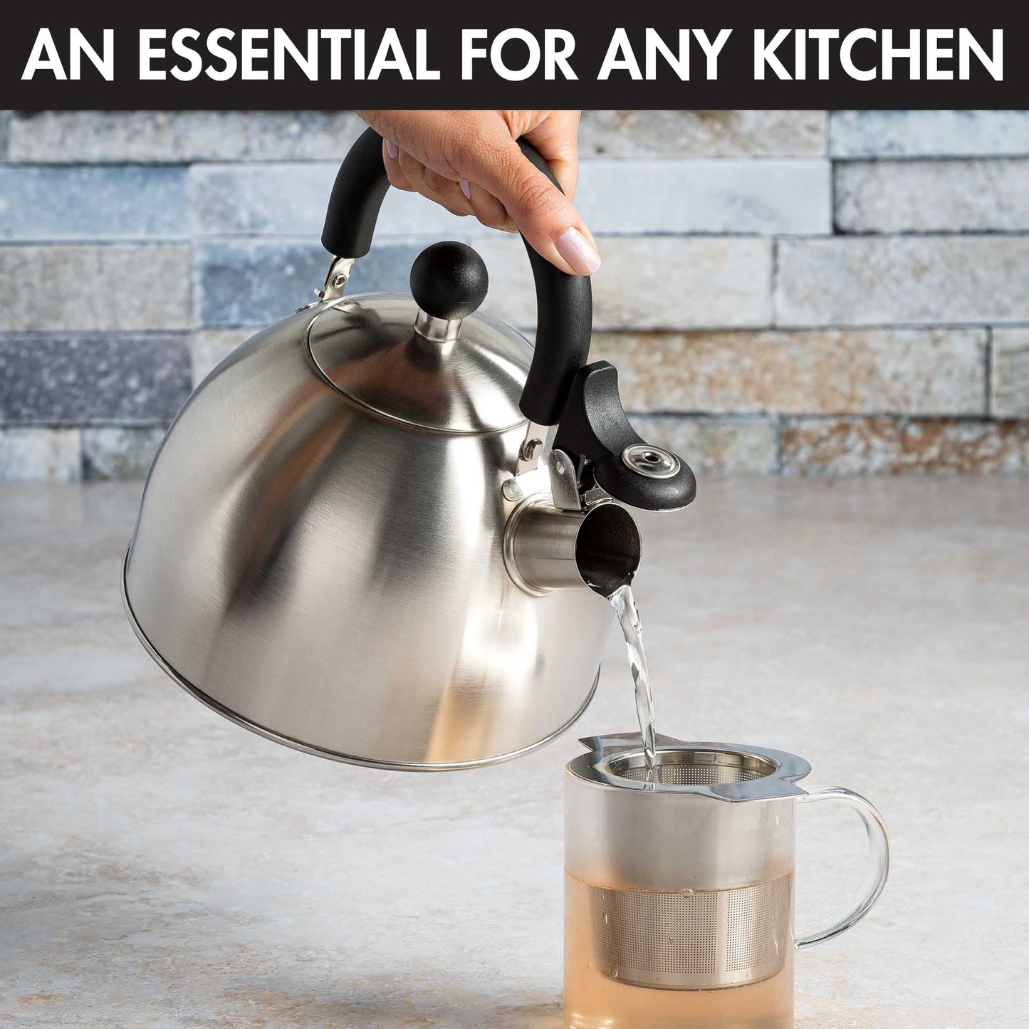 Primula Stewart 1.5-Qt Whistling Tea Kettle – Food-Grade Stainless Steel, Fast Boil, Cool-Touch Folding Handle, Brushed Finish with Black Handle