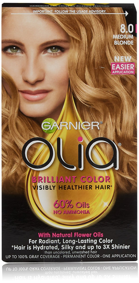 Garnier Olia Ammonia Free Permanent Hair Color, 100% Gray Coverage (Packaging May Vary), 8.0 Medium Blonde, Pack of 1