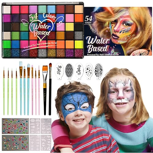 KNLDEFV 54 Color Kids Face Painting Kit, Non Toxic Water Activated Face Paint Palette with Stencils, Brush, Sparkle Gems. Perfect for Birthday