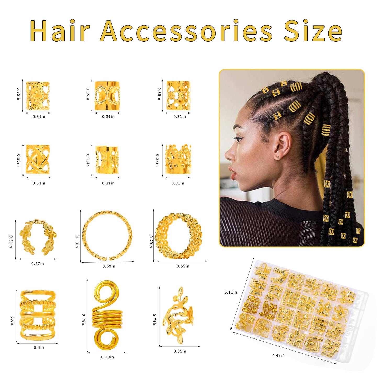 MODASER 220Pcs Gold Hair Jewelry for Braids, 12 Styles Gold Hair Accessories Cuff for Braids and Dreadlocks, Adjustable Metal Rings Cuffs Clips Beauty and Personal Care MODASER