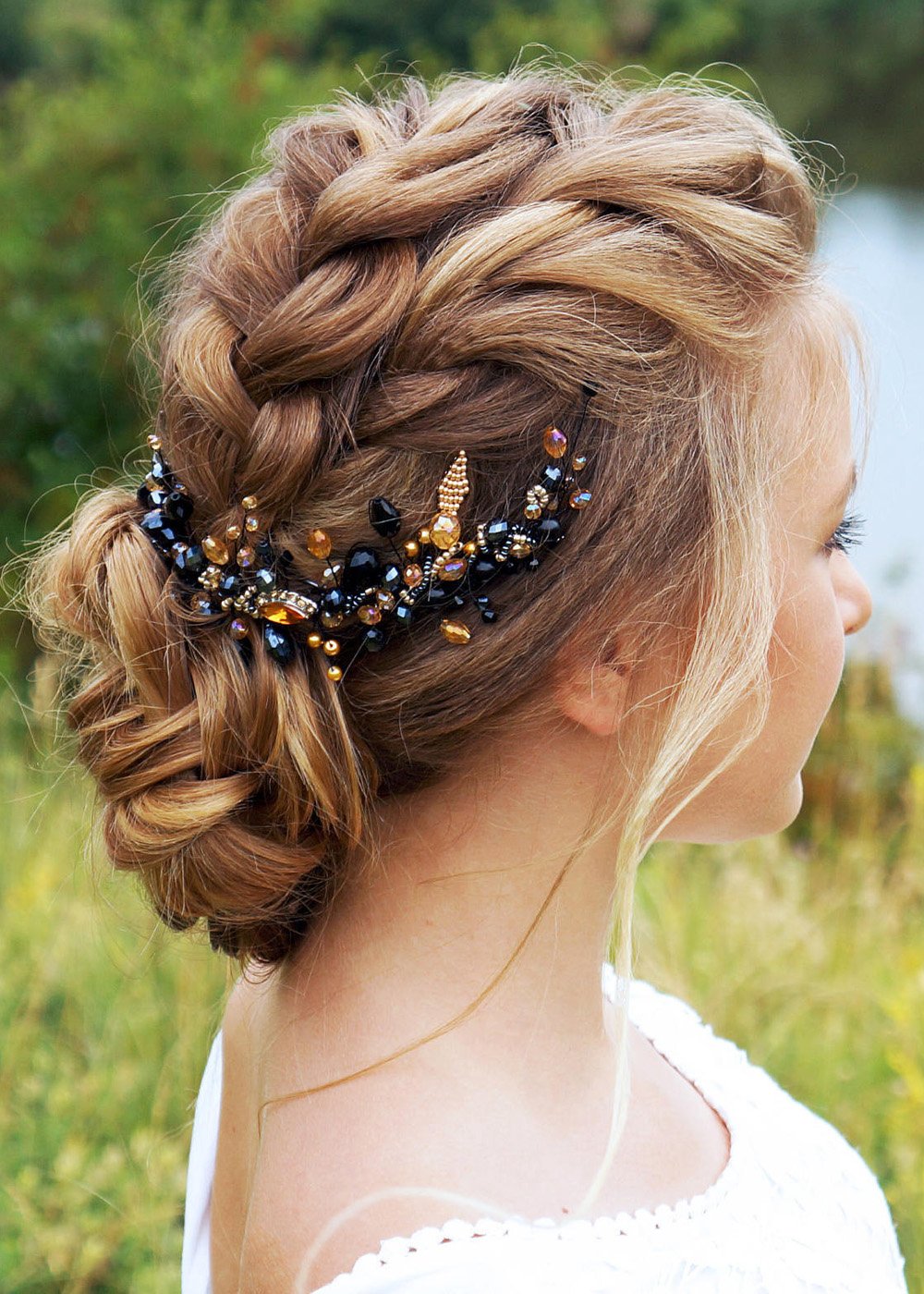 Kercisbeauty Wedding Bridal Black Hair Comb Champagne Beads Long Chain Hair Piece Bridal Headband for Bun Hair Accessories for Women