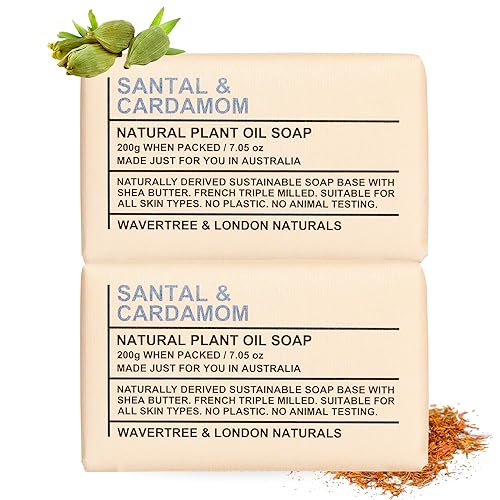 Wavertree & London Santal & Cardamon Scented Natural Soap Bars (2 Bars), 7oz Moisturizing French Triple Milled Soap enriched with shea butter - Plant