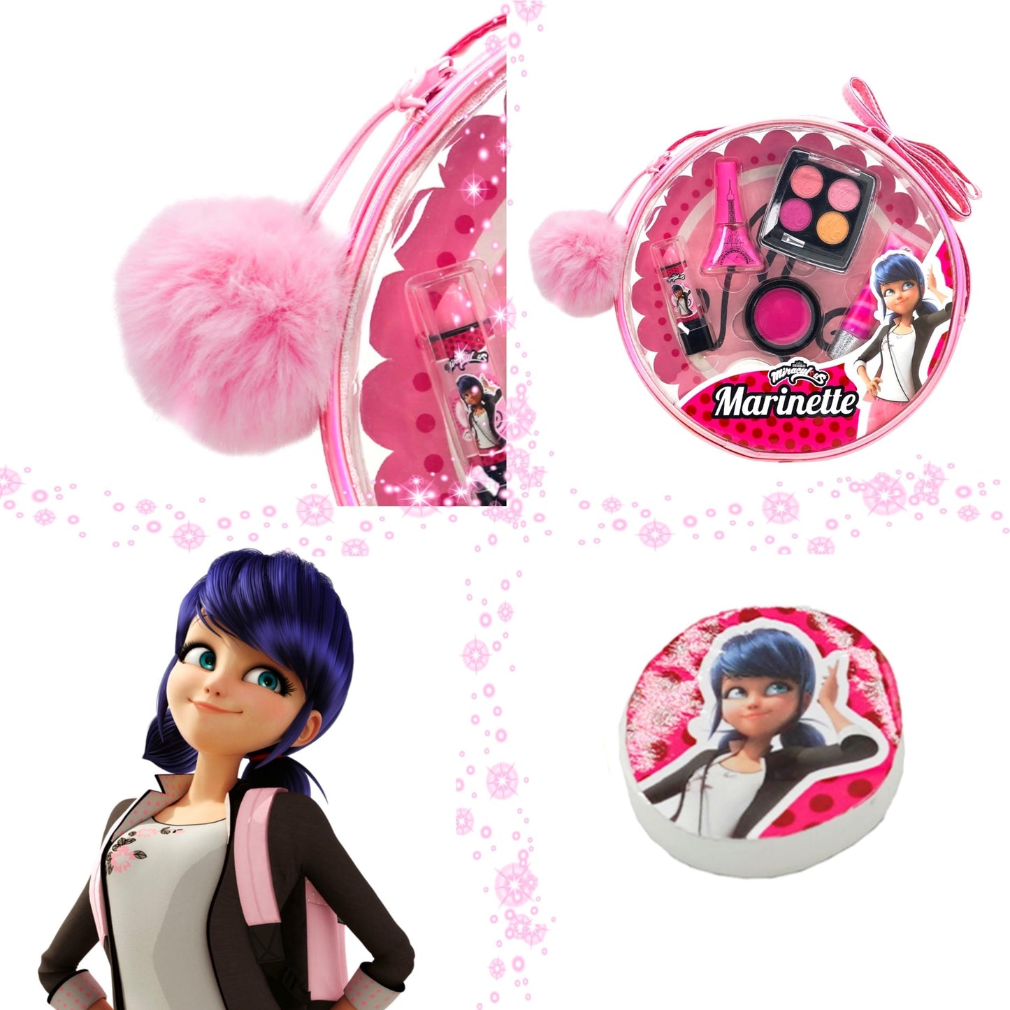 Miraculous Ladybug Kids Makeup Set - 10 Piece Bag with Nail Polish, Hair Chalk, Stickers & More - Safe, Non-Toxic Pretend Play Cosmetics - Marinette
