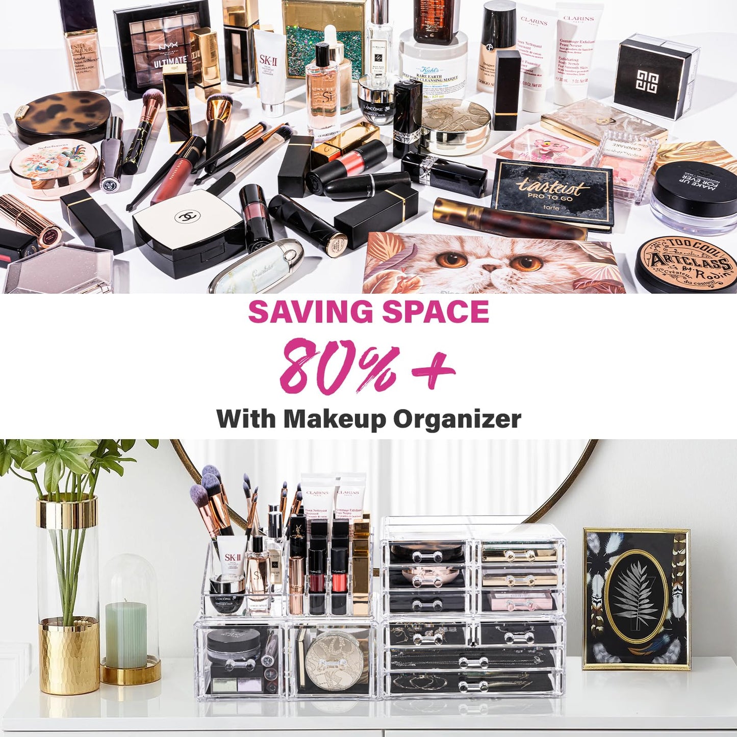 URMOMS Makeup Organizer 4 Pieces, Acrylic Makeup Storage Box with 12 Drawers for Lipstick Jewelry and Makeup Brushes, Stackable Vanity Organizer