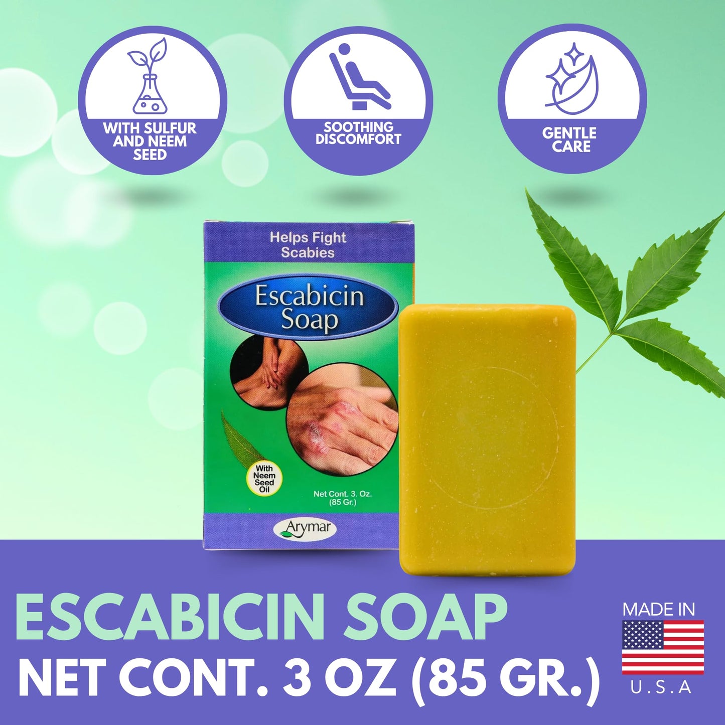 Arymar Escabicin Sulfur Soap Bar with Neem Oil: 3 oz Deep Cleansing Formula for Oily Skin, Natural Bar for Body and Face, Helps Clear Pores