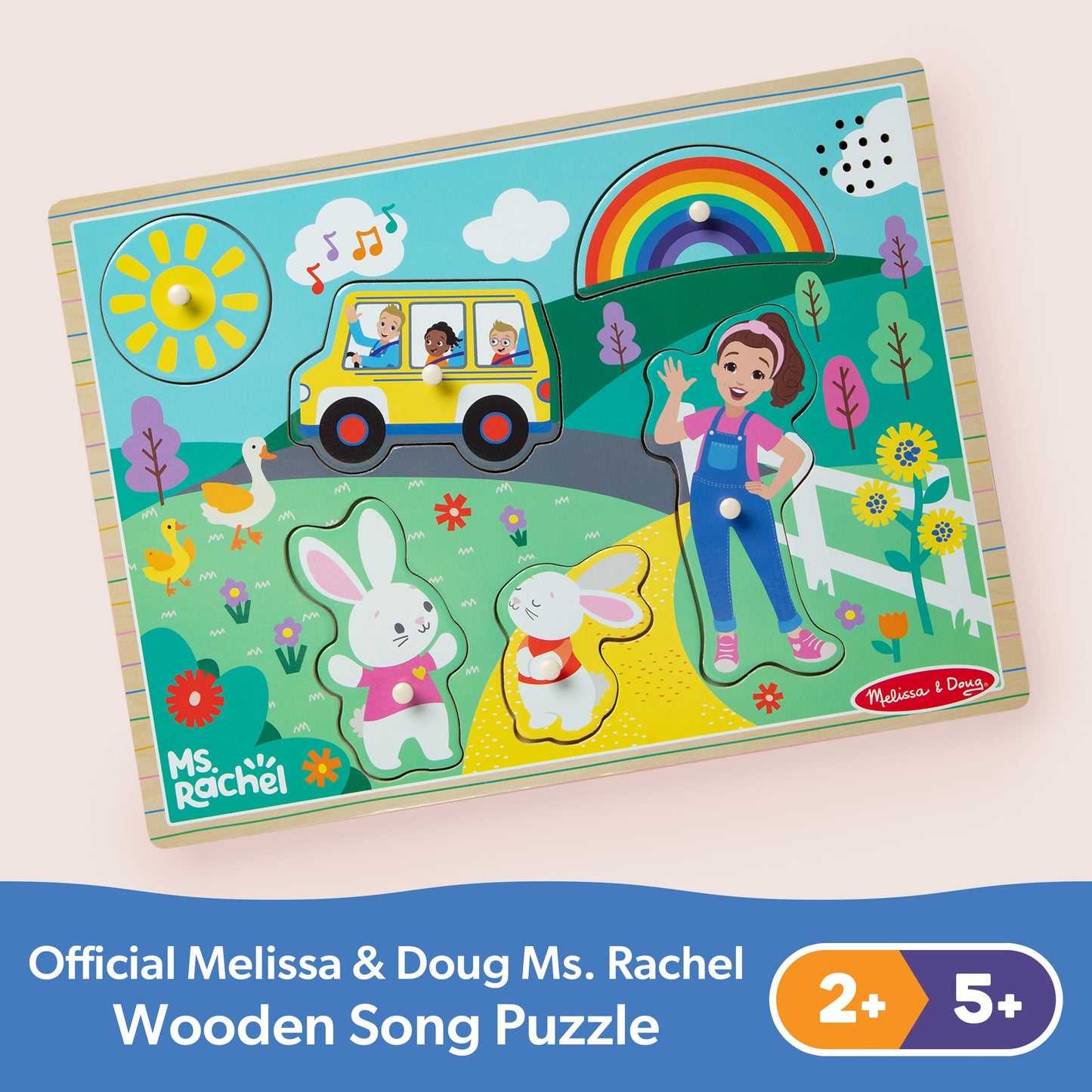 Melissa & Doug Ms. Rachel Wooden Song Peg Puzzle – 6-Piece Light-Activated Sound Puzzle with Full Songs, Toddler Toy for Ages 2–5, FSC Certified