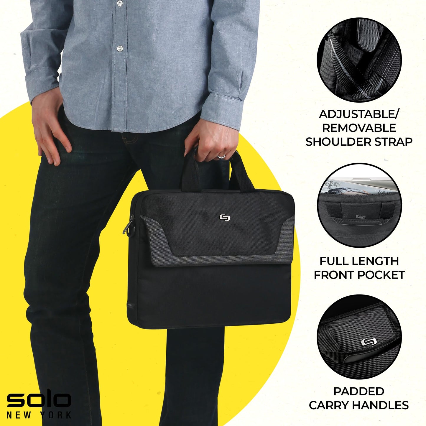 Solo New York Briefcase - Laptop Carrying Bag for Women & Men, Brief for Travel & Work, Full Length Front Pocket, Adjustable Shoulder Strap, Fits 14"