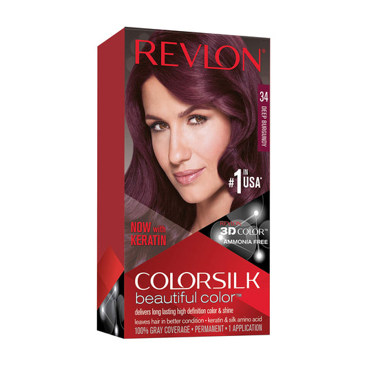 Revlon Permanent Hair Color, Permanent Hair Dye, Colorsilk with 100% Gray Coverage, Ammonia-Free, Keratin and Amino Acids, 34 Deep Burgundy, 4.4 Oz Beauty & Personal Care REVLON