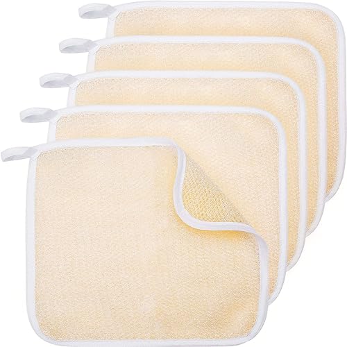 Tatuo 5 Pcs Exfoliating Face and Body Wash Cloths Towel Weave Bath Exfoliating Scrub Massage Bath Cloth for Women and Men, 10.63 x 9.05 Inch(Beige