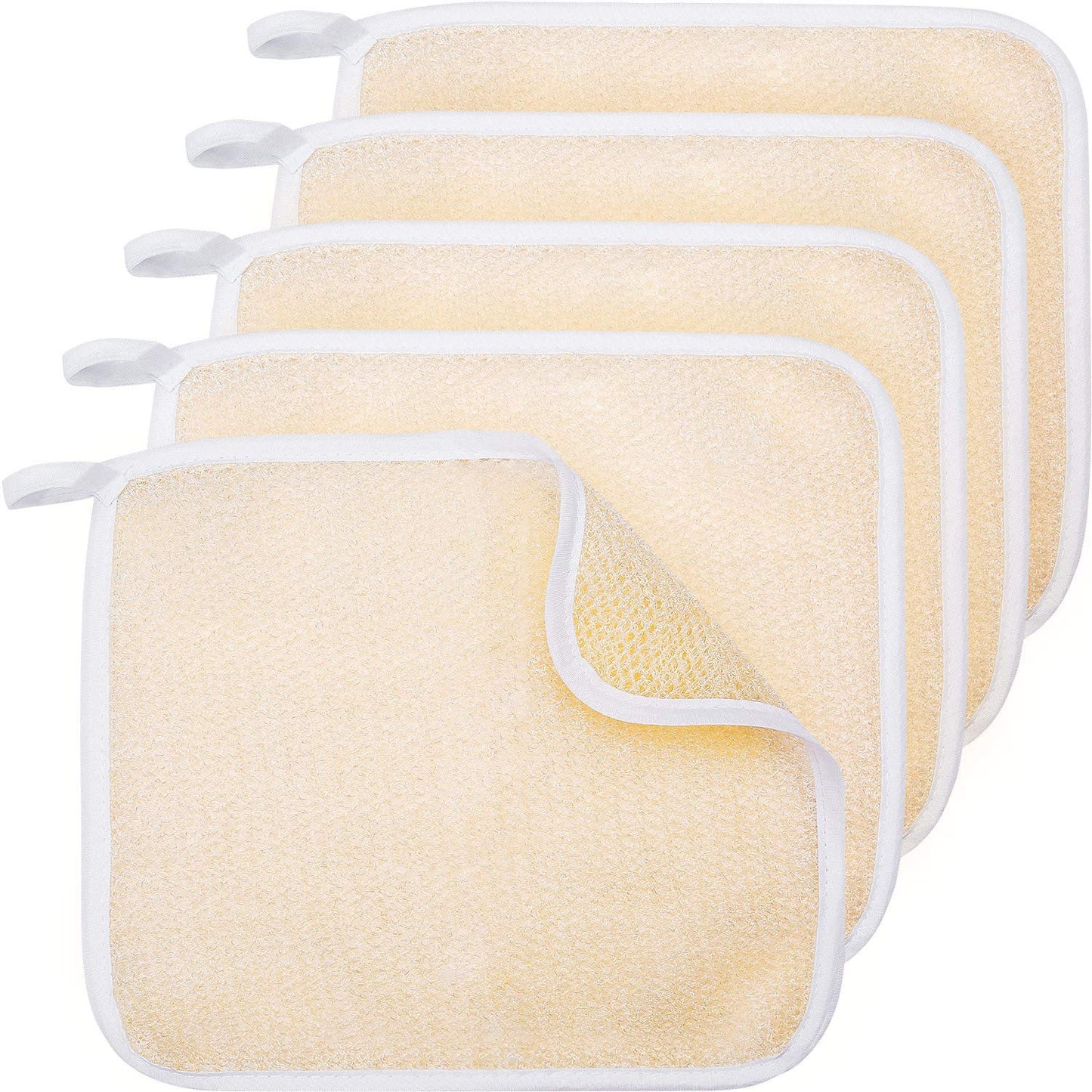 Tatuo 5 Pcs Exfoliating Face and Body Wash Cloths Towel Weave Bath Exfoliating Scrub Massage Bath Cloth for Women and Men, 10.63 x 9.05 Inch(Beige