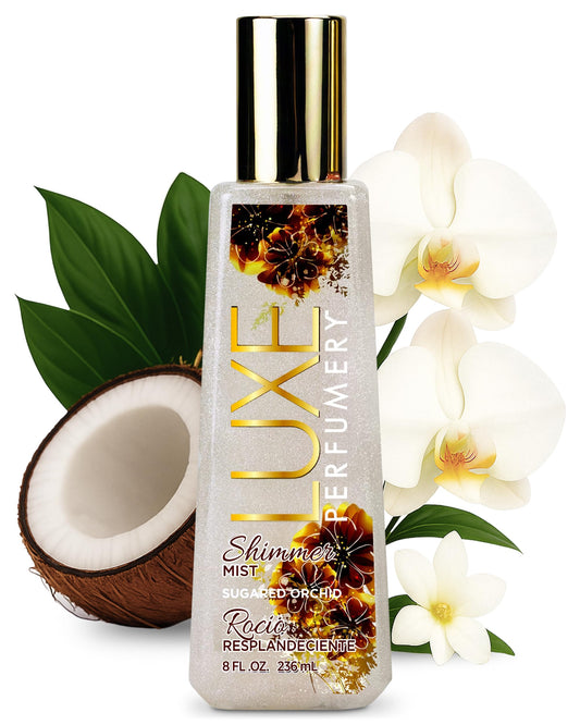 Luxe Perfumery Sugared Orchid Shimmer Body Mist - Long-Lasting Perfume Spray with Glittering Shine, Juicy Citrus & White Orchid Notes, Radiant Glow