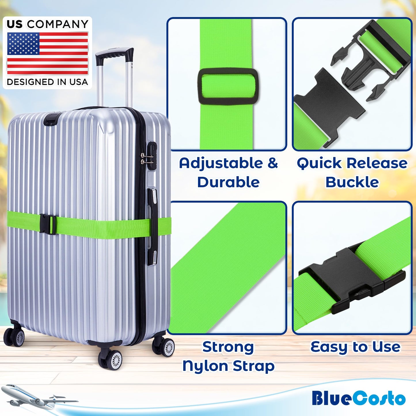 TSA Approved Luggage Straps – 4 Pack Neon Green Adjustable Nylon Suitcase Belts for Travel Bags, Briefcases & Checked Luggage (46"-78")