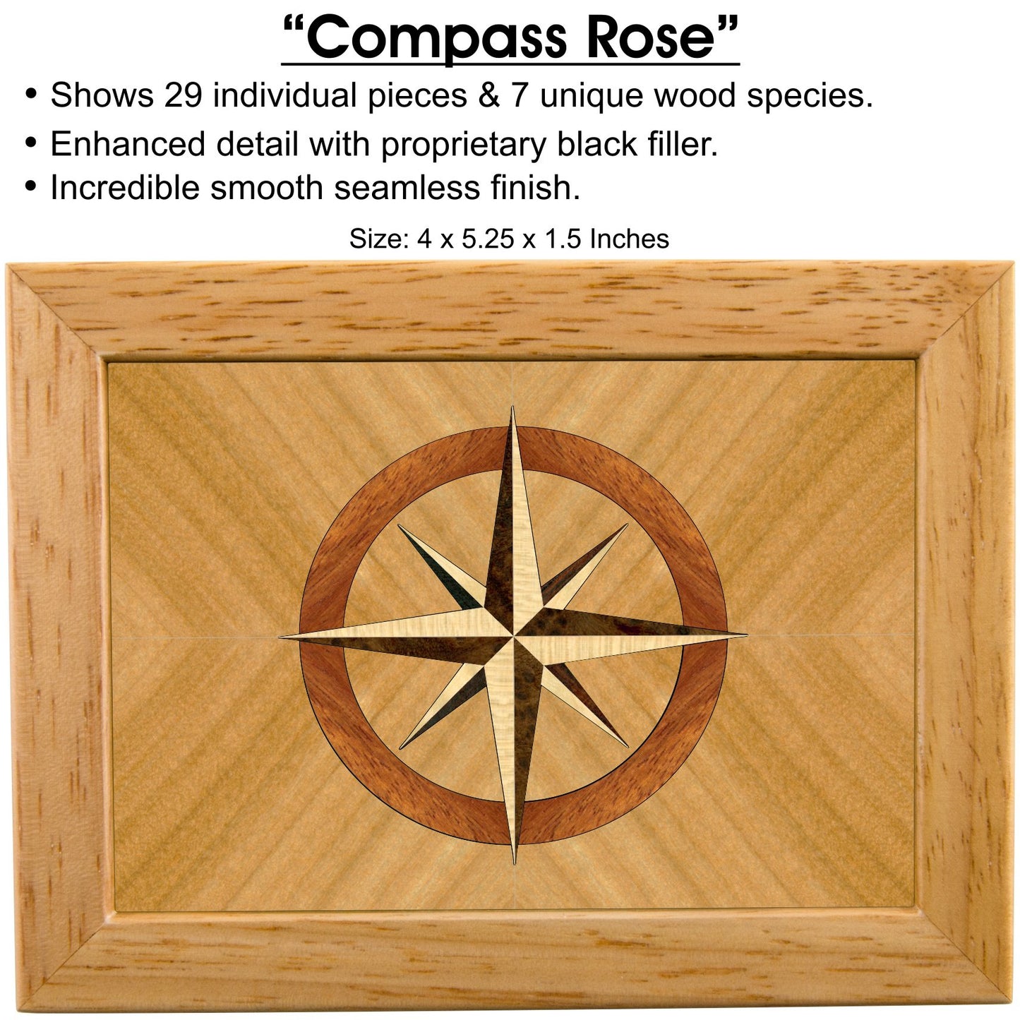 MarqArt Wood Art Compass Box - Handmade USA - Unmatched Quality - Unique, No Two are the Same - Original Work of Wood Art (#4858 Compass Rose 4x5x1.5)