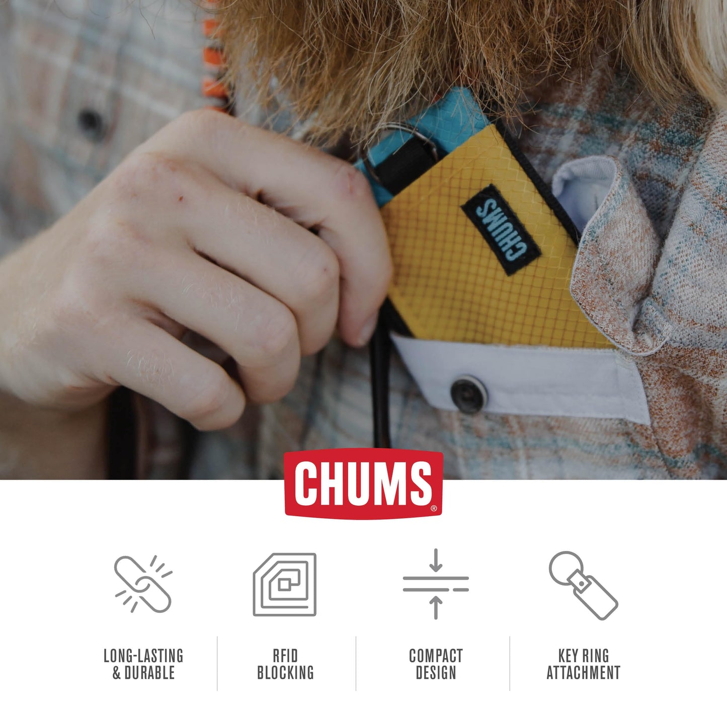 Chums Surfshorts Wallet - Lightweight Slim Wallet with RFID Blocking Card & Clear ID Window - Zippered, Minimalist Wallet w/Key Ring (Black/Gray)
