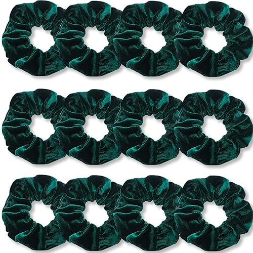 IVARYSS Dark Green Scrunchies, Premium Velvet Soft Hair Scrunchy Bulk, Solid Colors Thick Elastic Bands, Hair Accessories for Women and Girls, 12 Pack
