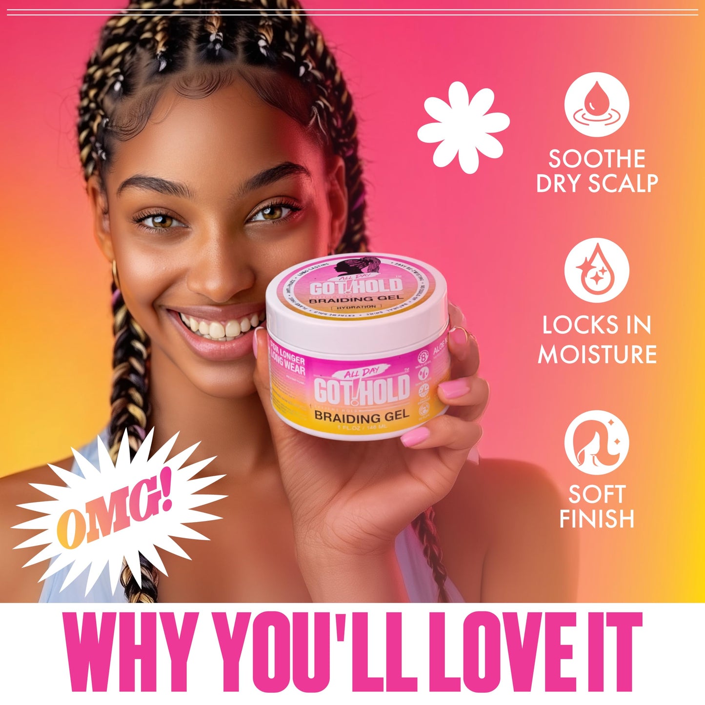 ALL DAY GOT HOLD Braiding Gel for Braids, Twists & Protective Styles (Hydration) - Strong Hold with Aloe & Rose Water - Non-Flaking Styling Gel