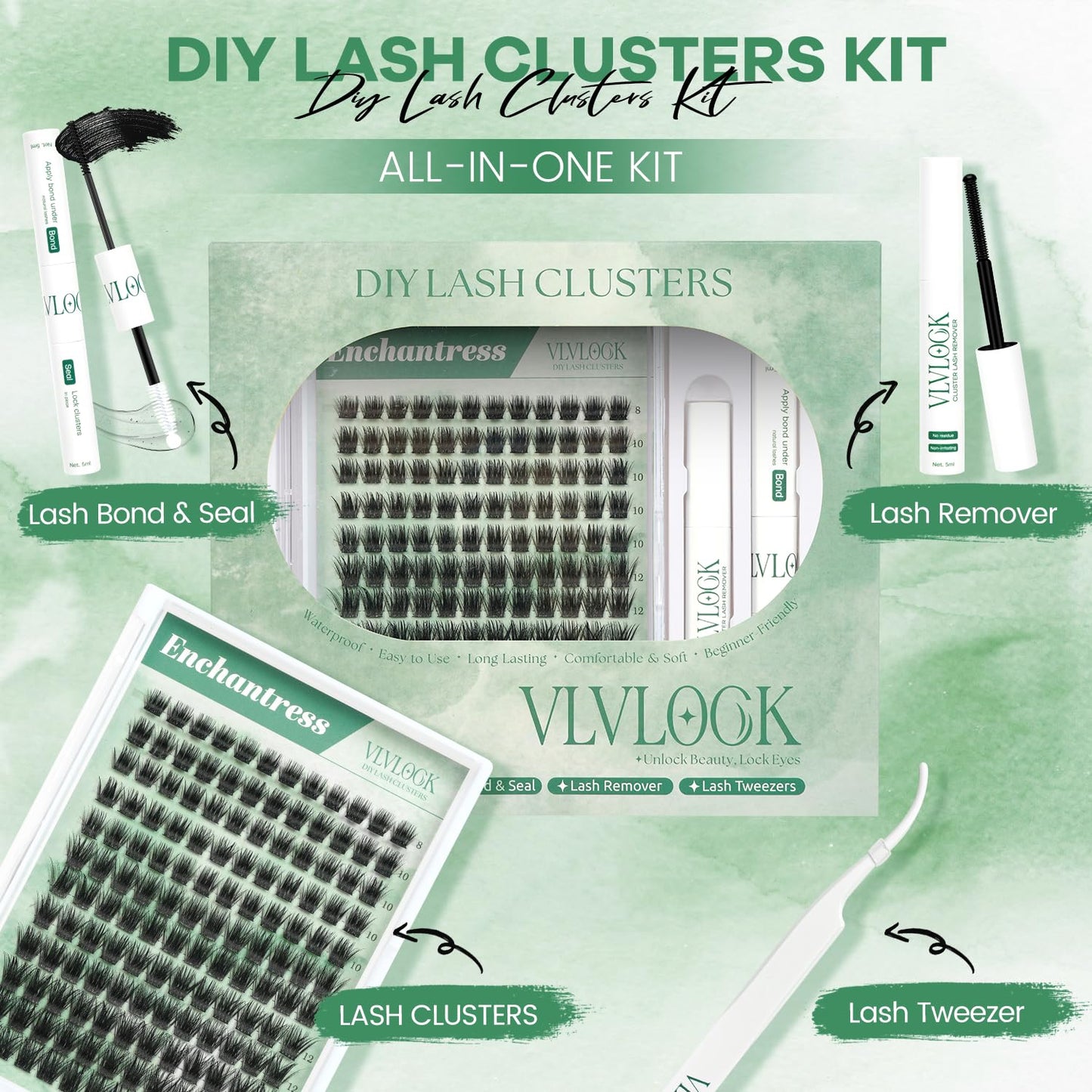 VLVLOCK Enchantress Lash Clusters Kit Short Lashes Clusters 8-14MM DIY Lash Extensions Kit Waterproof Long-Lasting with Ultra-Thin Band Glue Remover Beauty and Personal Care VLVLOCK