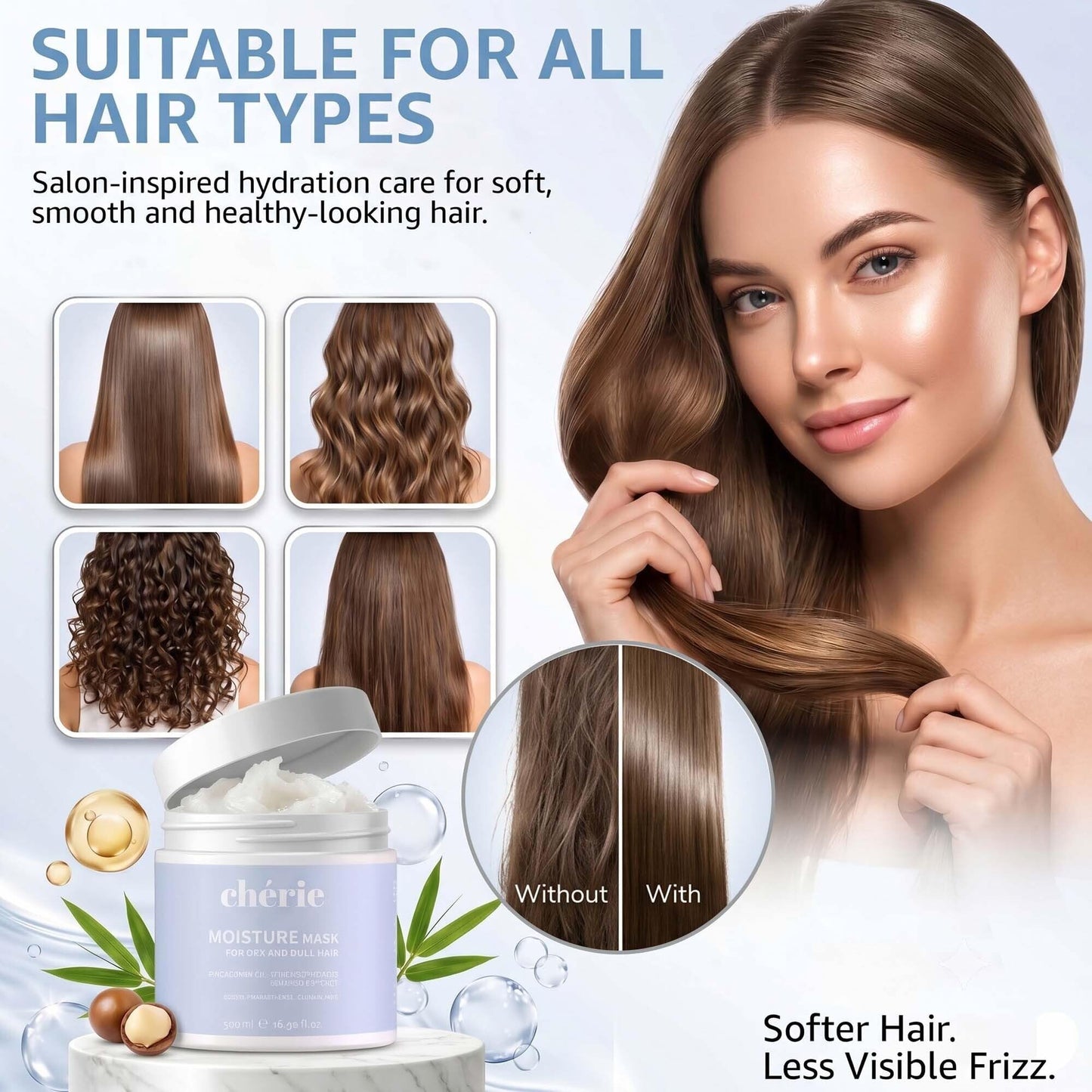 chérie Deep Conditioning Hair Mask with Macadamia Oil, Hyaluronic Acid & Bamboo Extract - Hydrating Hair Mask to Reduce Frizz & Breakage