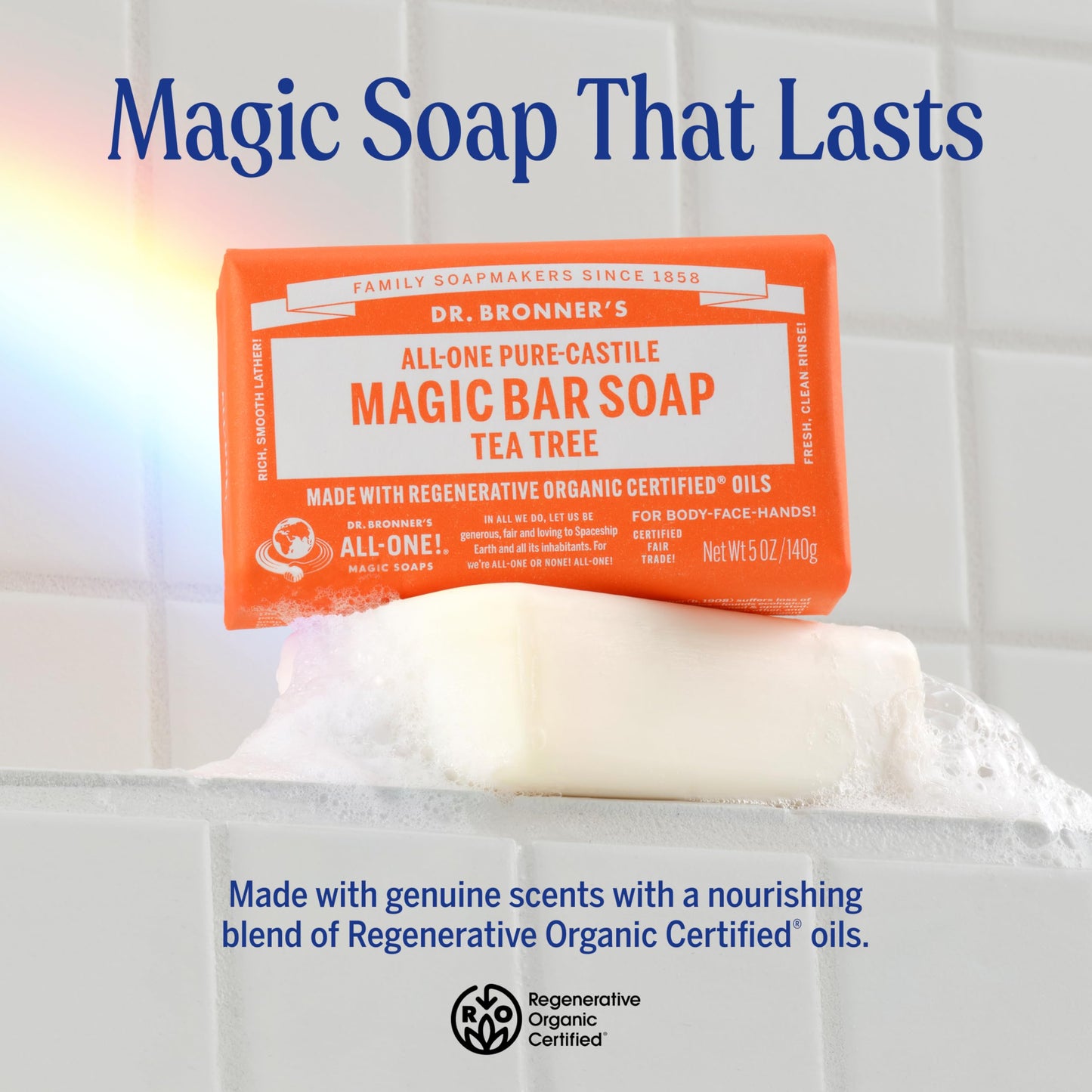 Dr. Bronner's Pure-Castile Magic Bar Soap - Tea Tree, Made with Regenerative Organic Certified Oils, For Face, Body & Hair, Gentle, Vegan, Non-GMO