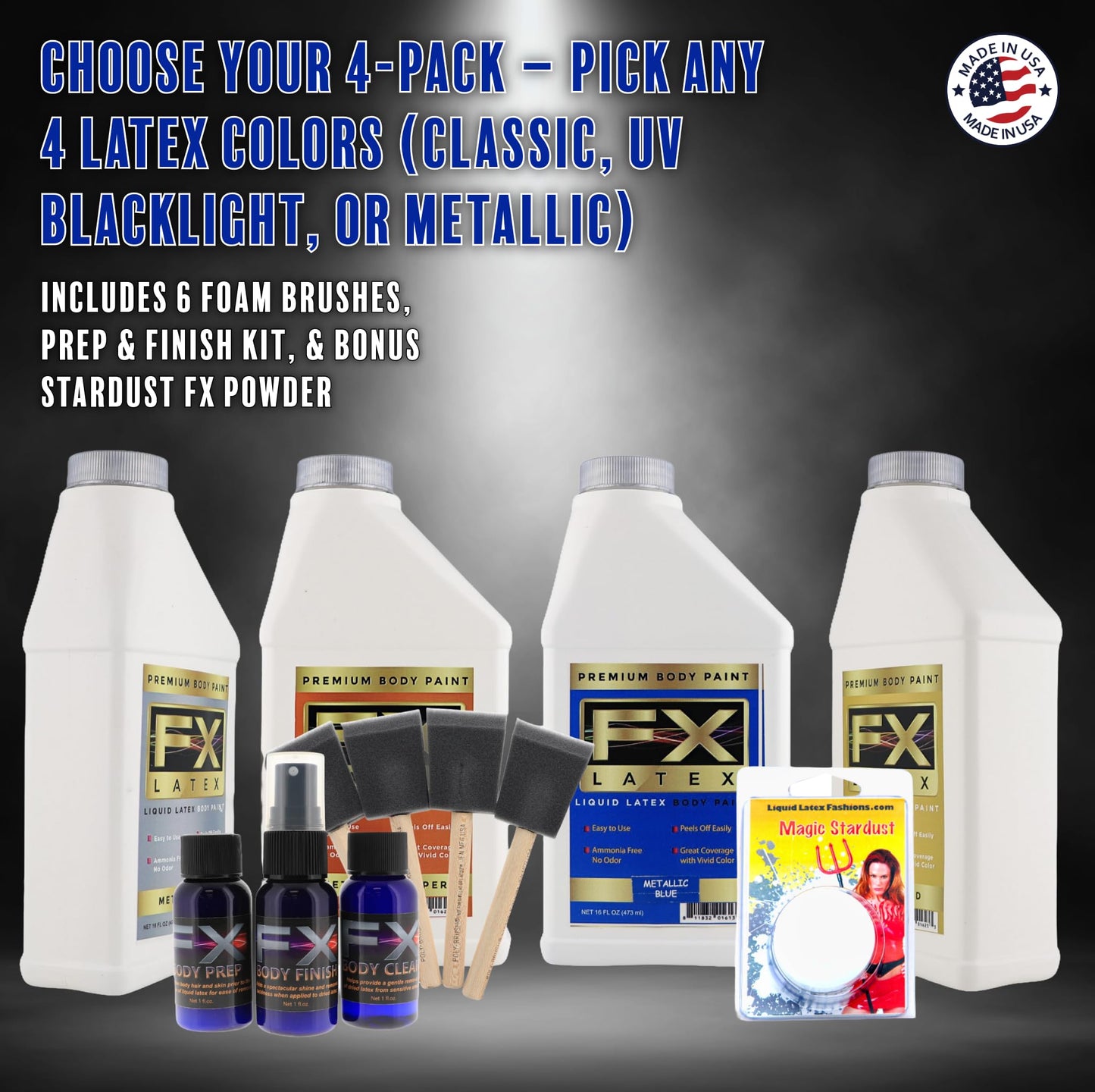 (4) 16oz Liquid Latex Build Your Own Pack + Brushes, Prep Kit, and Stardust- Fantasy Fun Body Paint Kit, Sports, Theater, Film, Makeup