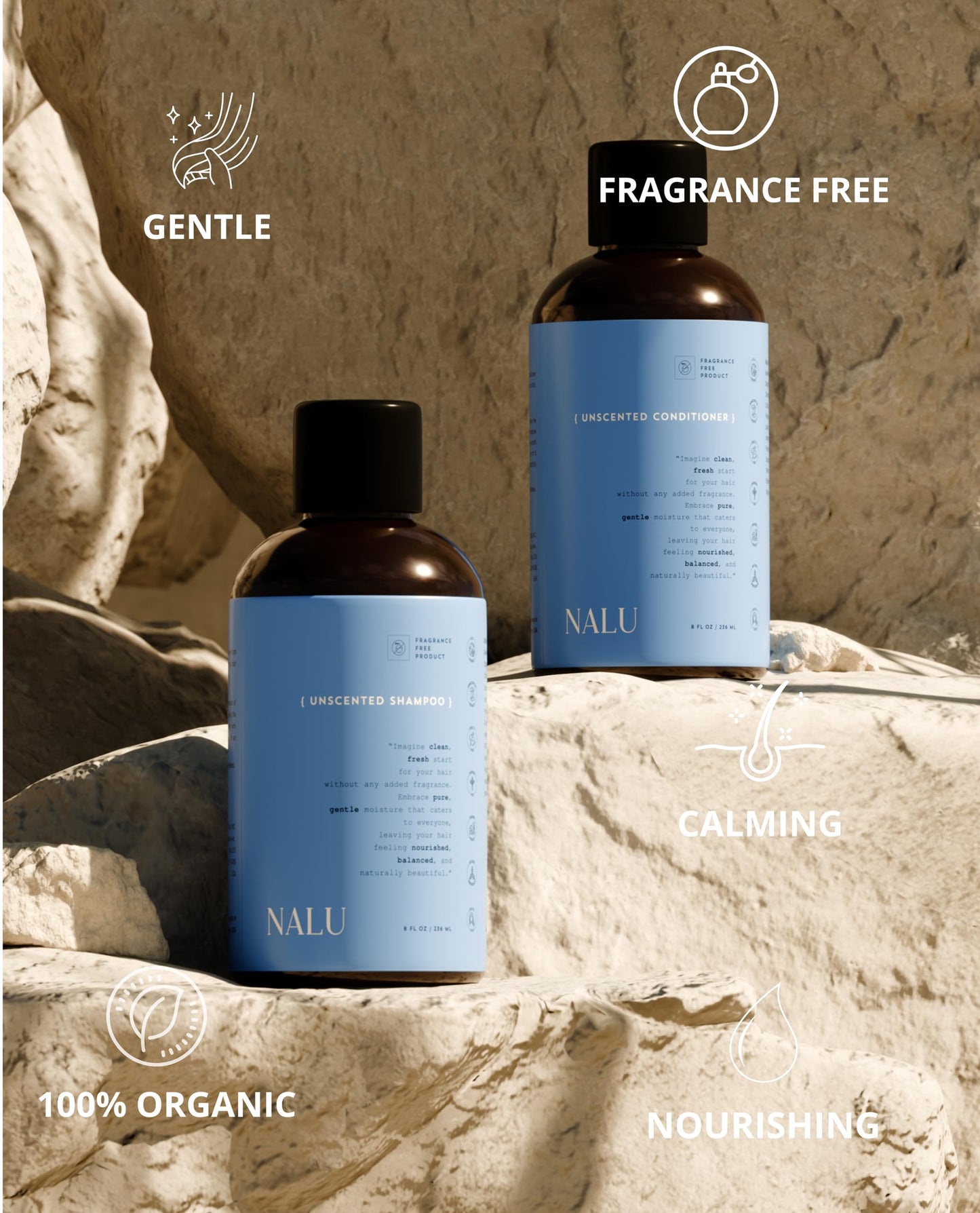 NALU Organic Unscented Shampoo & Conditioner Set - Fragrance-Free Solution for Sensitive Scalps. Nourishing & Strengthening. 8 Fl Oz Each.