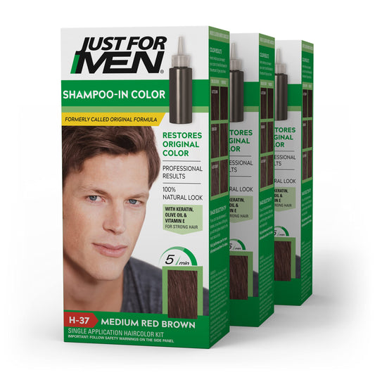 Just For Men Shampoo-In Color (Formerly Original Formula), Mens Hair Color with Keratin and Vitamin E for Stronger Hair - Medium Red Brown, H-37, Pack