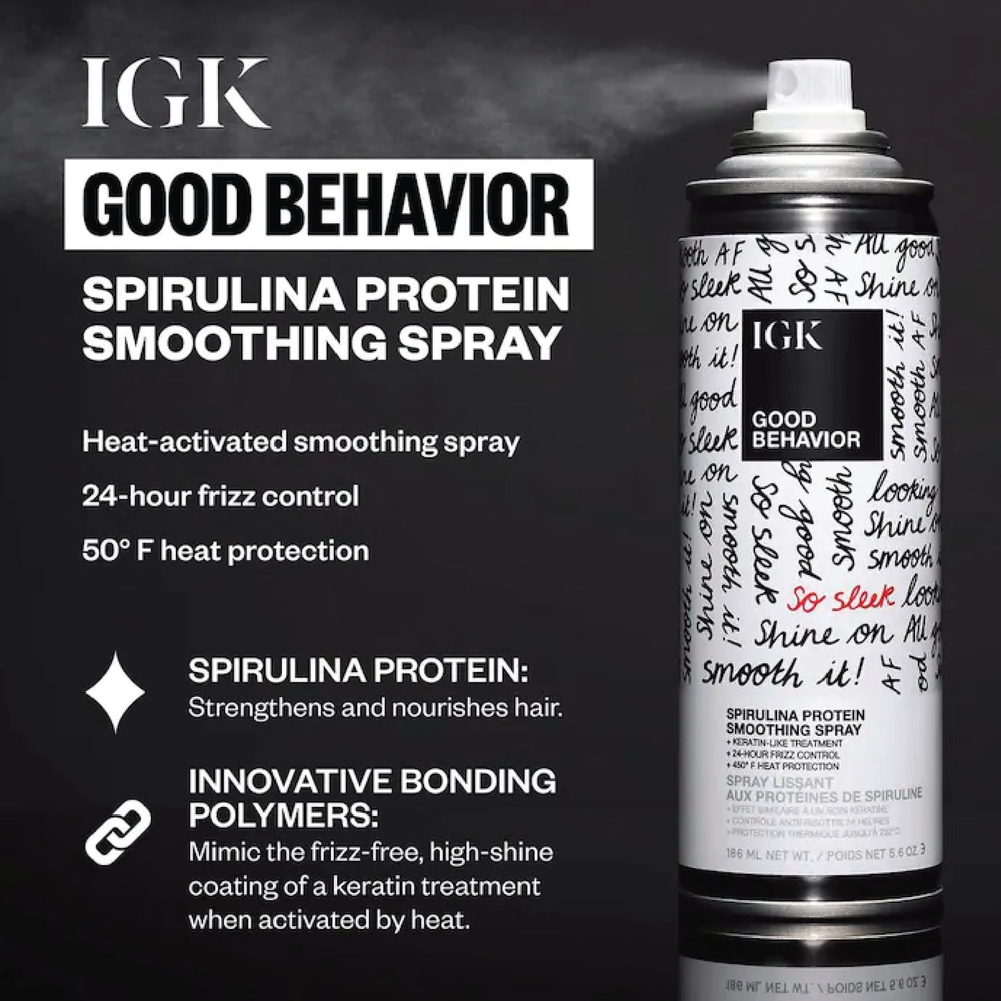 IGK Good Behavior Spirulina Protein Smoothing Travel Size Hairspray | Keratin Like Treatment | Hair Heat Protectant Spray | Frizz Control + Shine |