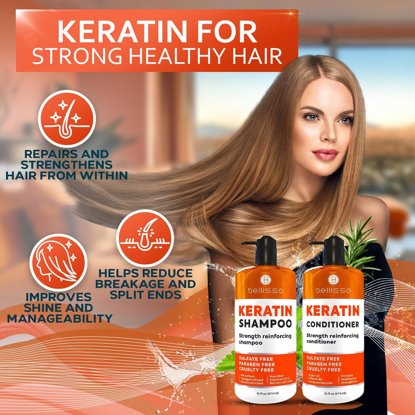 Keratin Shampoo and Conditioner Set - Sulfate Free and Paraben Free - Salon Thickening Treatment for Dry, Damaged, Curly, Frizzy, Straight or Color Beauty and Personal Care BELLISSO