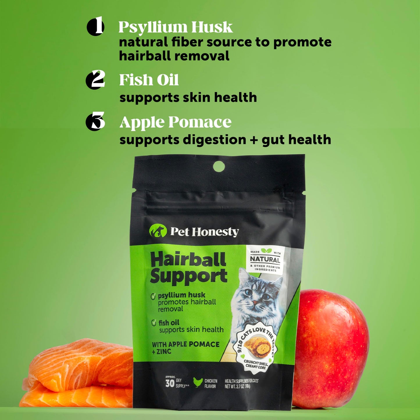 Cat Hairball Support Chews – Crunchy & Creamy Treats with Chicken, Supports Skin, Coat & Digestion, 30-Day Supply