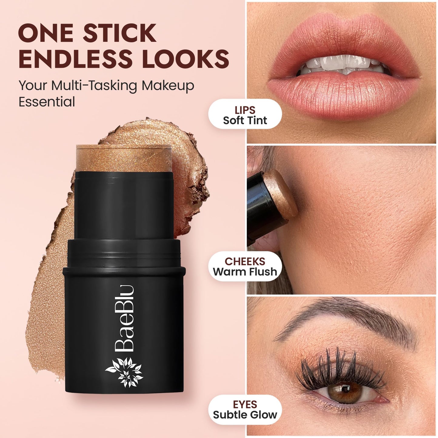BaeBlu - Organic Cream Bronzer Stick - 100% Natural Vegan Cream Bronzer for Face, Multi-Use for Lips, Cheeks & Eyes, Buildable Shimmer, Gluten-Free