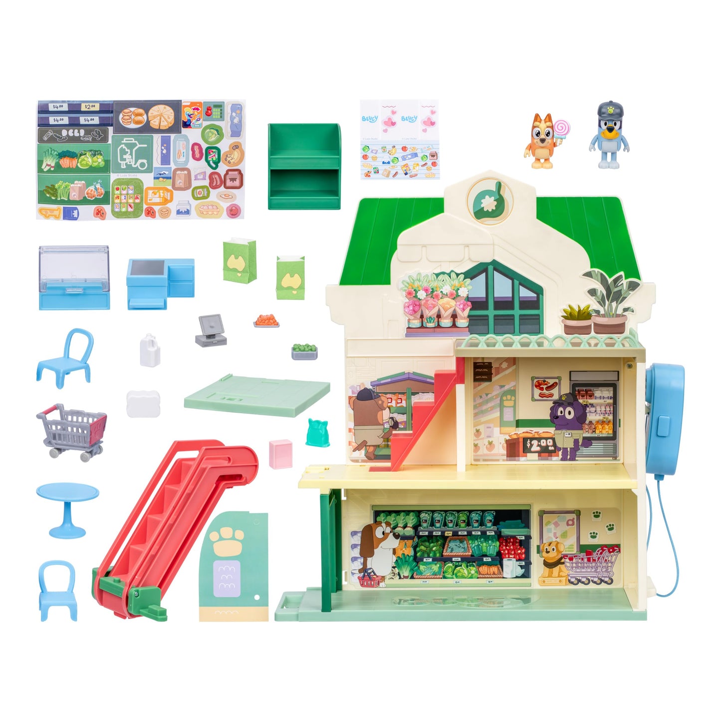 Bluey and Bingo Supermarket Playset with Escalator, Pretend Play Toys for Toddlers, Sounds and 15 Pieces, Grocery Store Playset