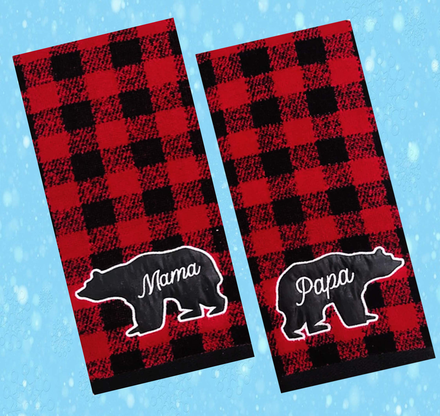 St Nick Holiday Buffalo Plaid Hand Towels Farmhouse Bear Mama Papa Rustic