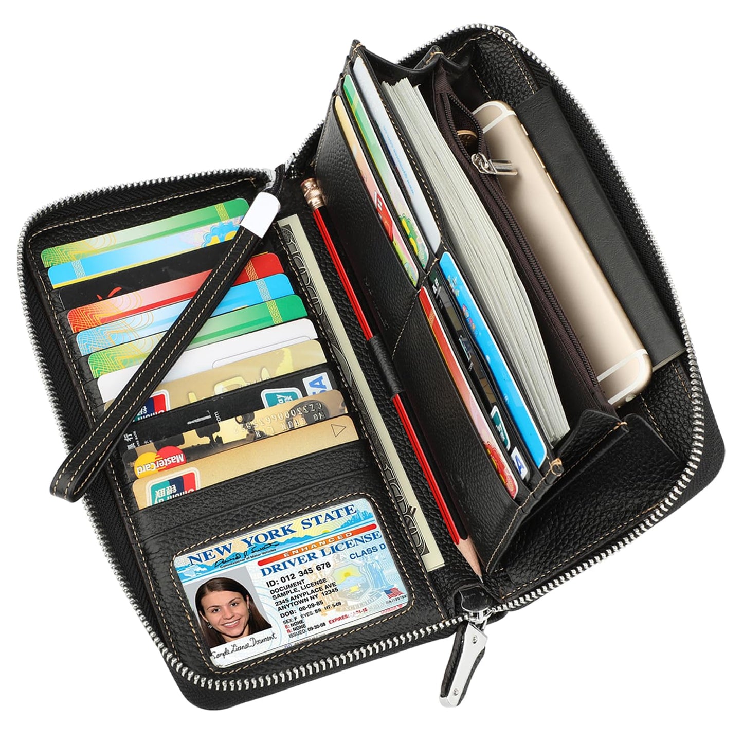 Lavemi Women's RFID Blocking 100% Leather Large Capacity Zip Around Wallet Phone Holder Clutch Travel Purse Wristlet(Large Size Pebble Black)