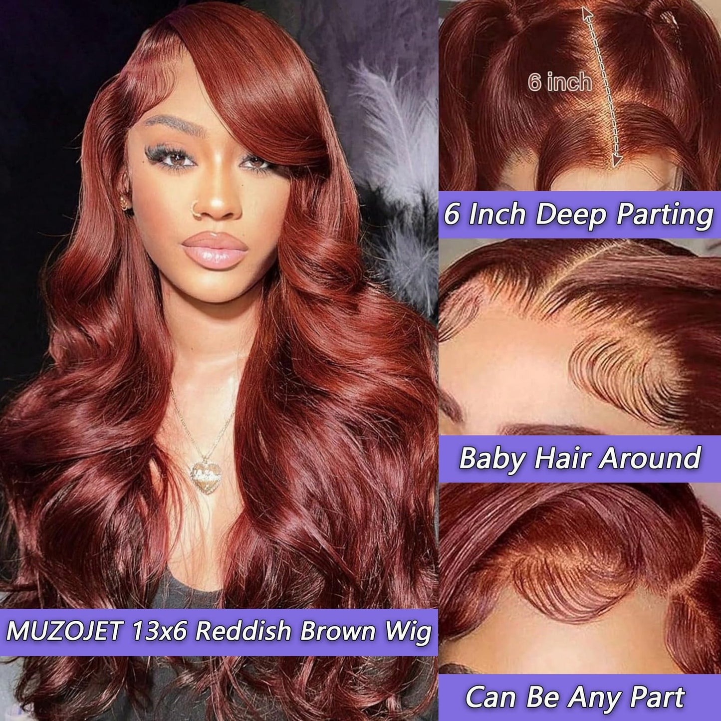 MUZOJET Reddish Brown 13x6 Lace Front Wigs Human Hair #33 Colored HD Transparent Lace Front Wig Human Hair Pre Plucked with Baby Hair for Black Women Beauty and Personal Care MUZOJET