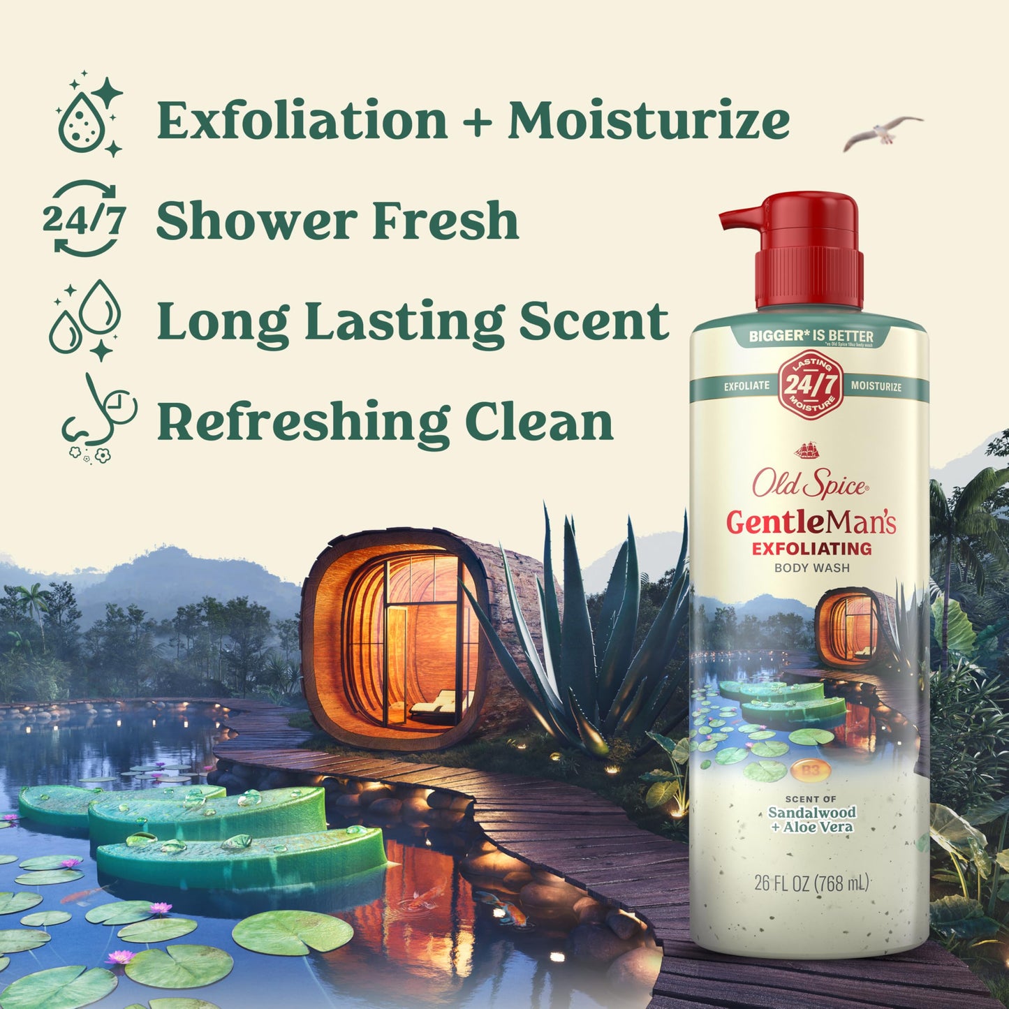 Old Spice GentleMan's Exfoliating & Moisturizing Body Wash for Men, 24/7 Shower Fresh with Long Lasting Scent, Renewing Vitamin B3 Blend, Sandalwood +