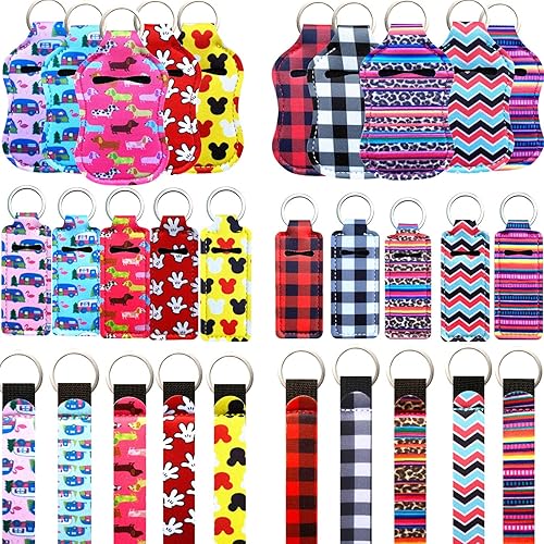 PUEZOKLY 40pcs Travel Bottles Key chain Set with Wristlet Chapstick Holders keychain Hand Sanitizer Holder Keychain with Empty Bottles
