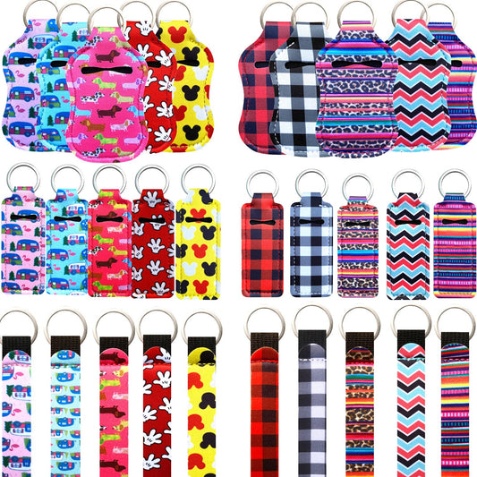 PUEZOKLY 40pcs Travel Bottles Key chain Set with Wristlet Chapstick Holders keychain Hand Sanitizer Holder Keychain with Empty Bottles