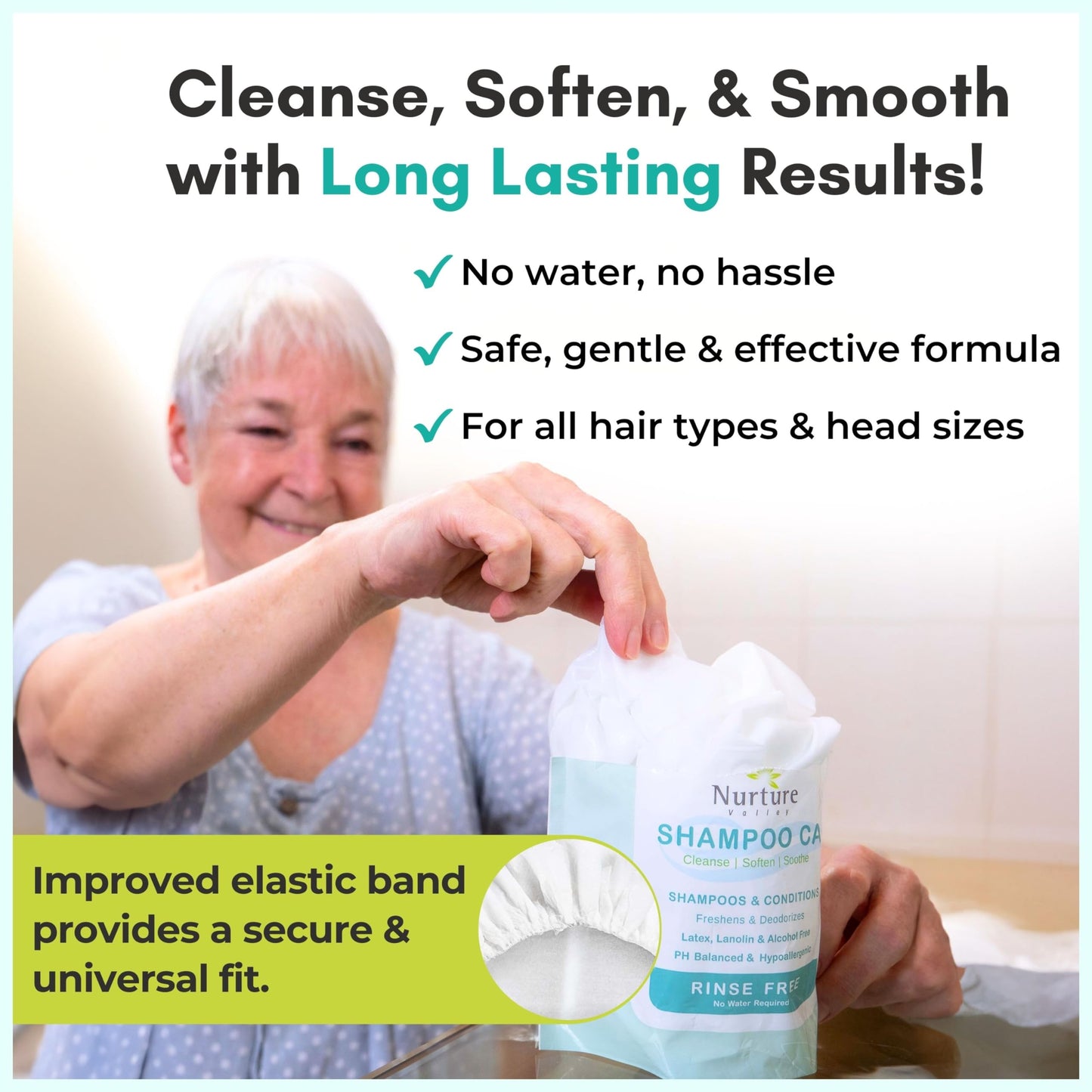 No Water Rinse Free Shampoo Cap by Nurture | Microwavable Hair Washing & Conditioning Shower Caps | Waterless Bathing | Disposable & Hypoallergenic