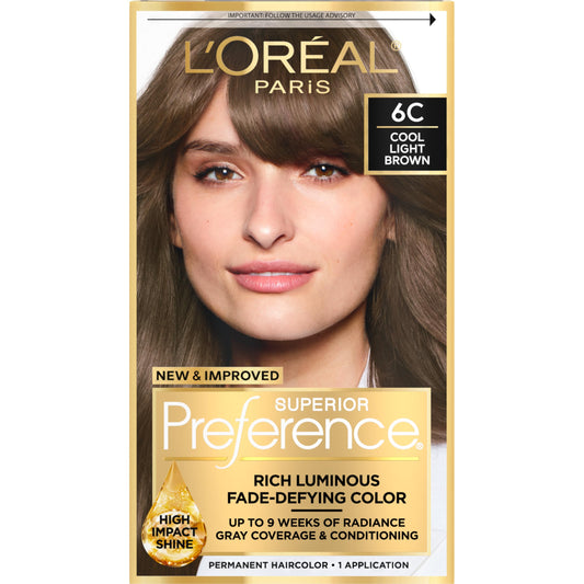 L'Oreal Paris Superior Preference Luminous Fade-Defying Permanent Hair Color, Hair Dye For Up to 9 Weeks of Radiance, Cool Light Brown 6C, 1 Hair Dye