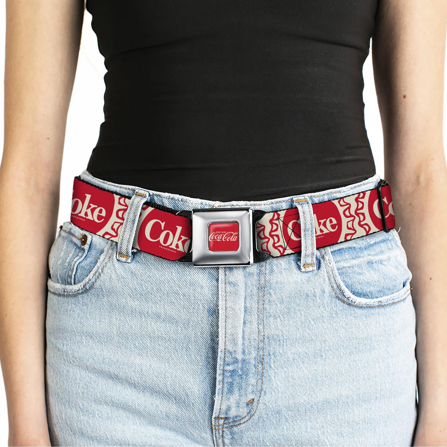 The Coca-Cola Company Belt, Seatbelt Buckle Belt, Vintage Coke Bottle Caps White Red, Youth 20 to 36 Inches
