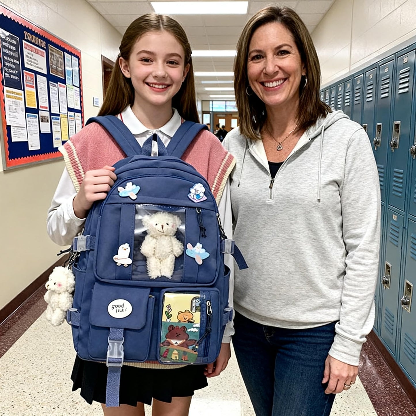 School Backpack for Teen Girls Back to School Aesthetic Cute Adorable Lovely with Pin and Cute Accessory (Blue)