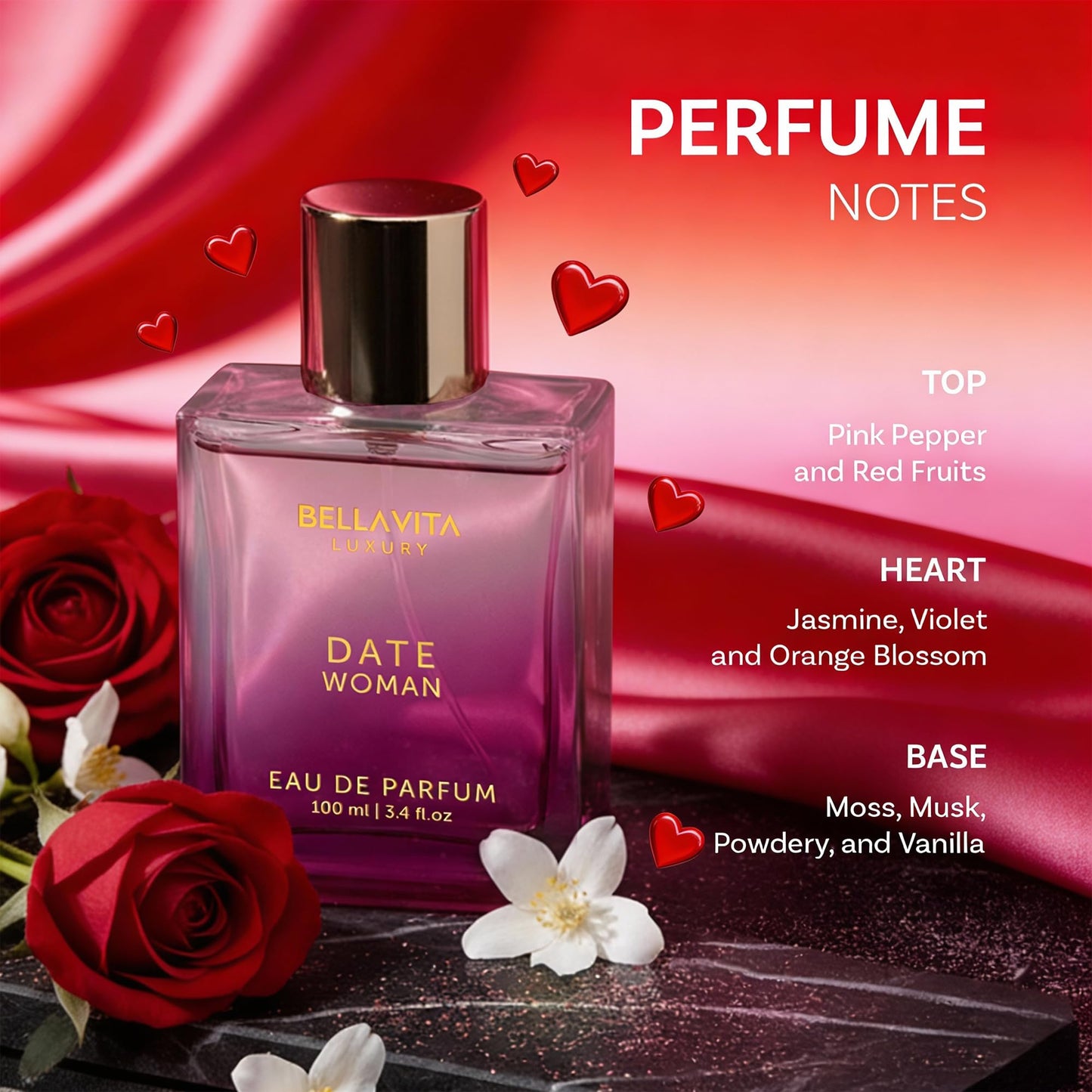 Bellavita Luxury DATE Eau de Parfum | 100 ml (3.4 fl.oz.) | Perfume for Women | Floral, Pink Pepper, Jasmine, and Moss Notes | Long Lasting Fragrance Beauty and Personal Care Bella Vita Luxury